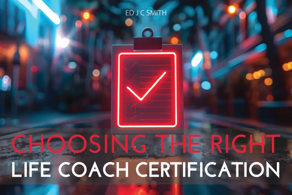 Neon clipboard with a glowing red check mark, symbolizing making the right decision and selecting the best certification path in a vibrant urban setting.