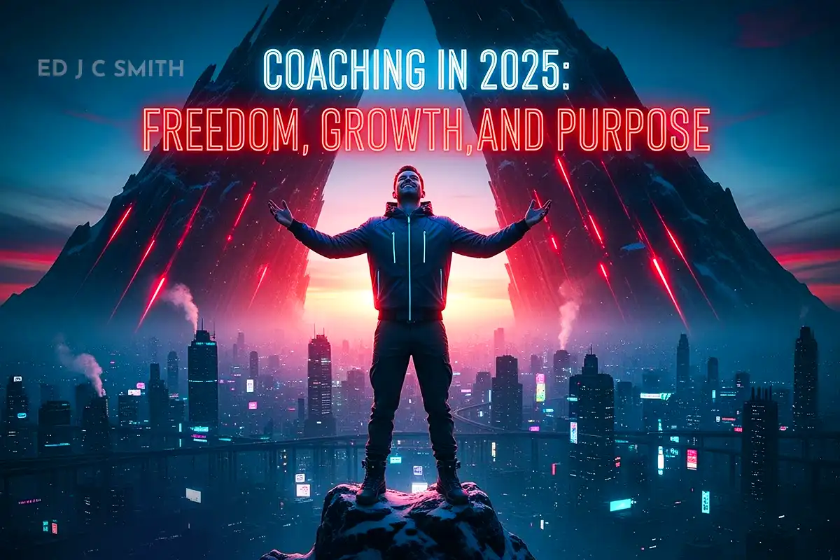 Coaching Career in 2025 with a triumphant person standing on a rock above a futuristic city, neon accents and towering structures, headline reads Coaching in 2025: Freedom, Growth, and Purpose