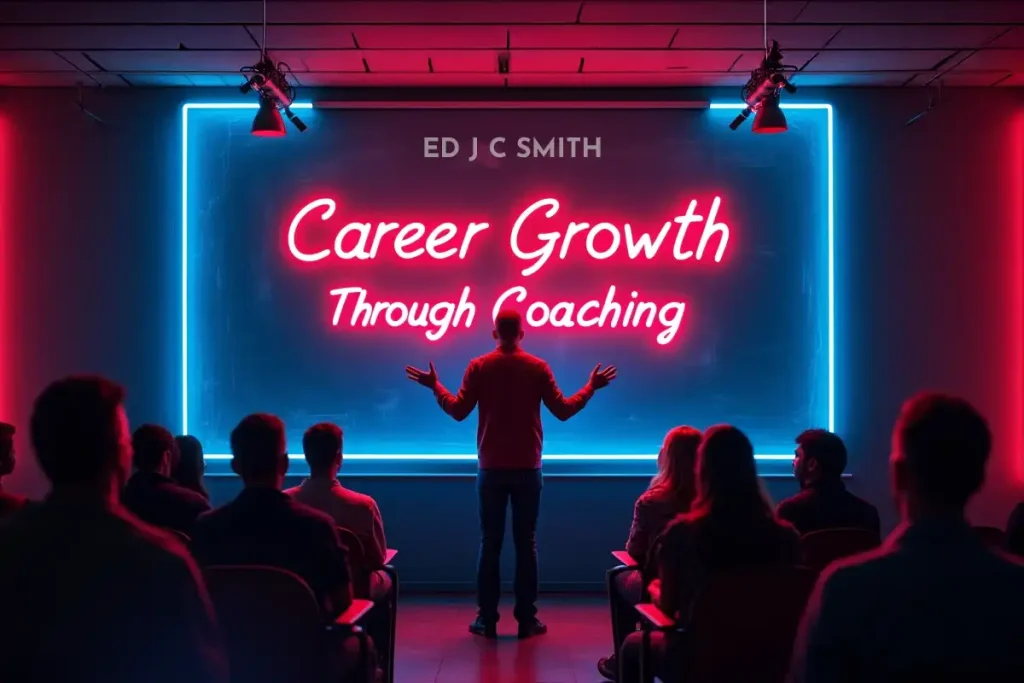 Coaching Career seminar with a speaker addressing an audience in a dim lecture hall under a neon sign that reads Career Growth Through Coaching
