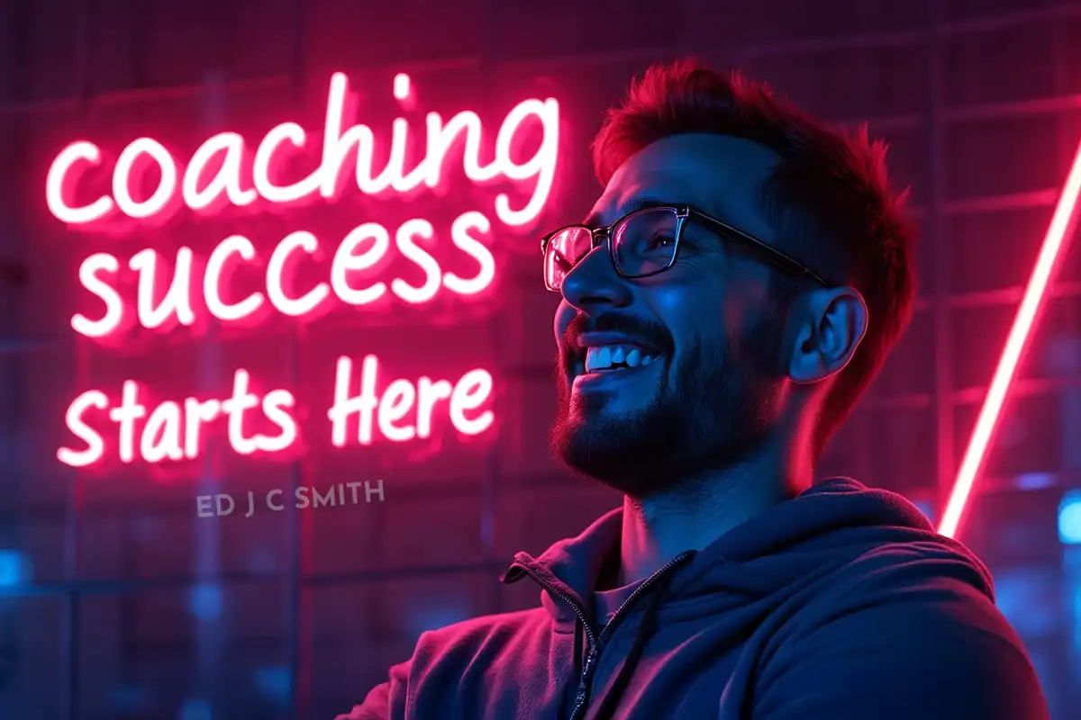 Smiling man in glasses lit by neon lights beside a pink sign that reads coaching success starts here