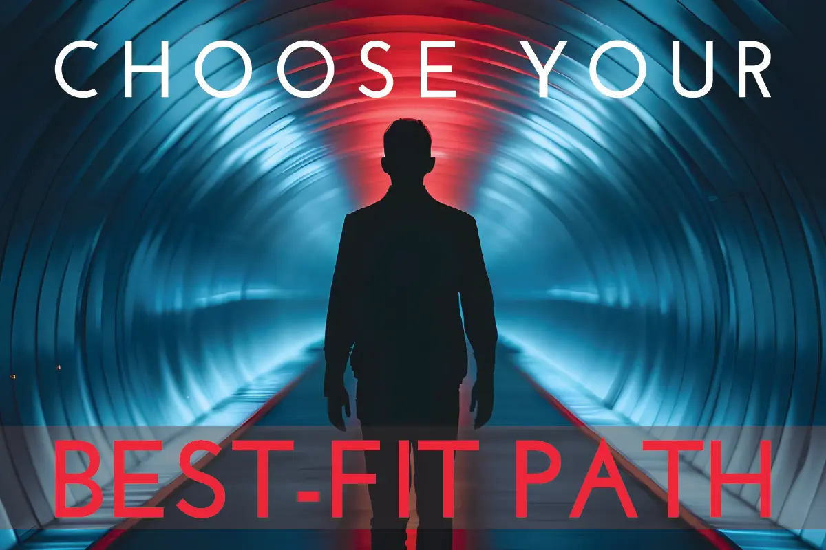Life Coach Certification Online – silhouette of a person walking through a futuristic tunnel with glowing blue and red lights, symbolizing choice and direction in career paths.