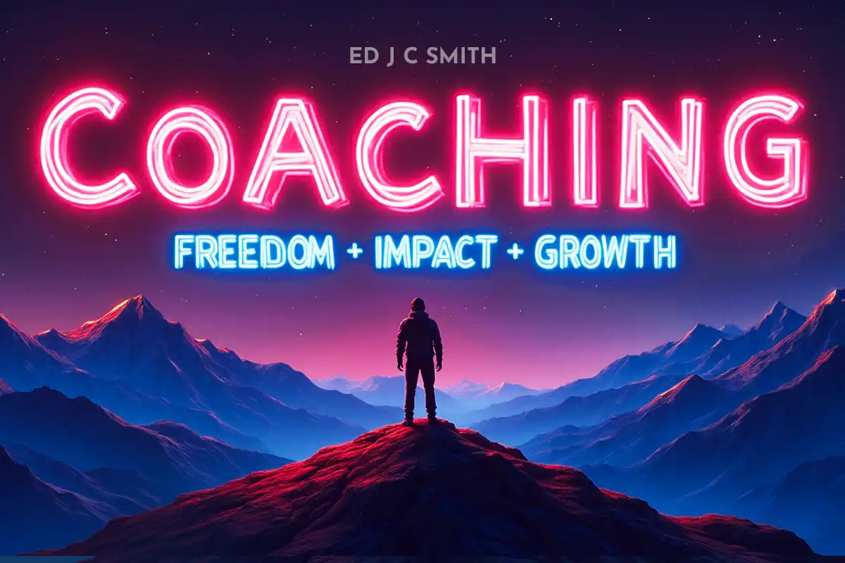 Coaching Career poster with neon COACHING and Freedom + Impact + Growth above a person standing on a mountain at dawn
