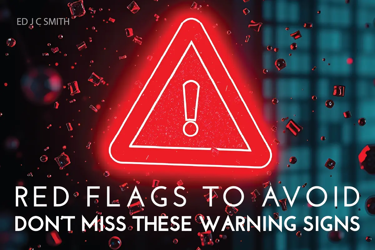 Glowing red warning triangle with an exclamation mark at the center, symbolizing danger and red flags to watch out for in decision-making.