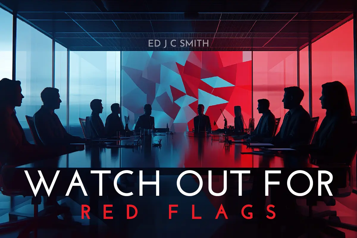 Business professionals in a dark conference room with red warning visuals symbolizing red flags to watch out for in decision-making