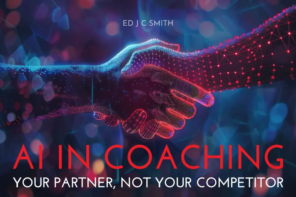 digital handshake between human and artificial intelligence represented by glowing red and blue wireframes, symbolizing collaboration between technology and human expertise