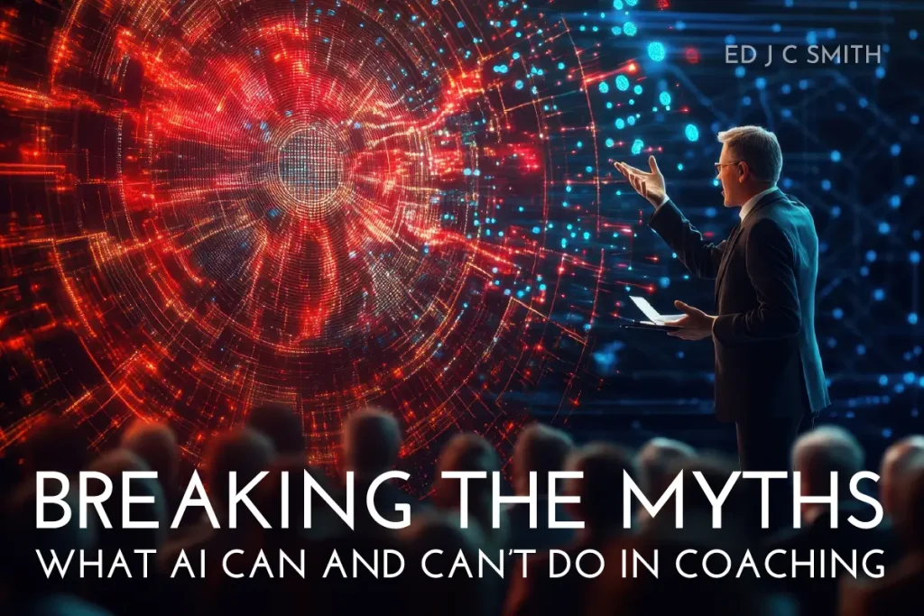 business professional presenting to an audience with a massive digital sphere of red and blue data patterns, symbolizing the balance between human intelligence and artificial intelligence in modern coaching