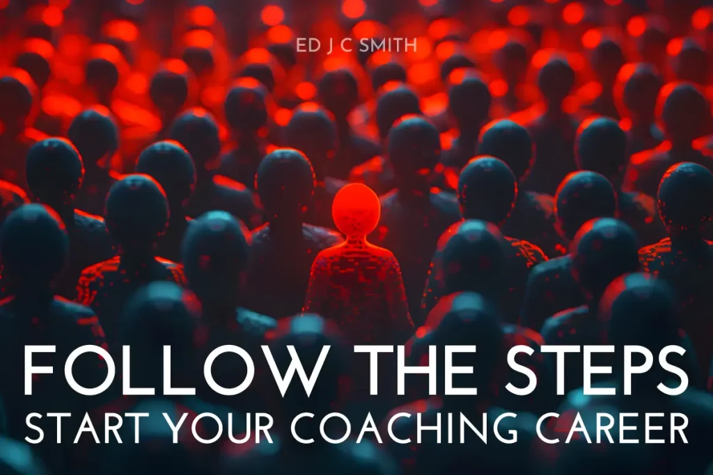 one bright red figure standing out among a crowd, symbolizing leadership, individuality, and confidence in starting a coaching career
