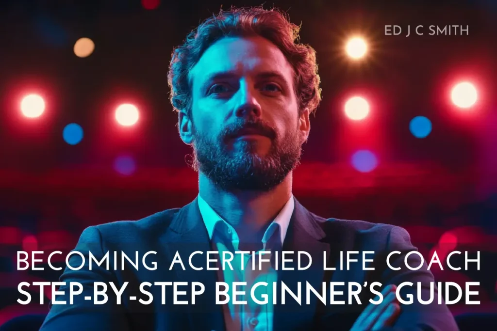 confident life coach standing on stage under colorful lights representing success and empowerment in how to get certified as a life coach