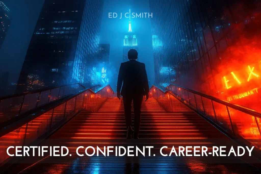 professional figure walking up illuminated city stairs symbolizing ambition and success in how to get certified as a life coach