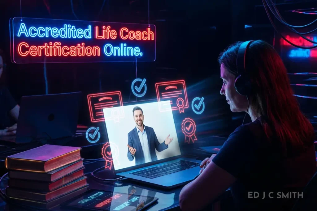 woman studying accredited life coach certification online on her laptop with virtual tutor, neon certificates, and check marks in a dark modern workspace