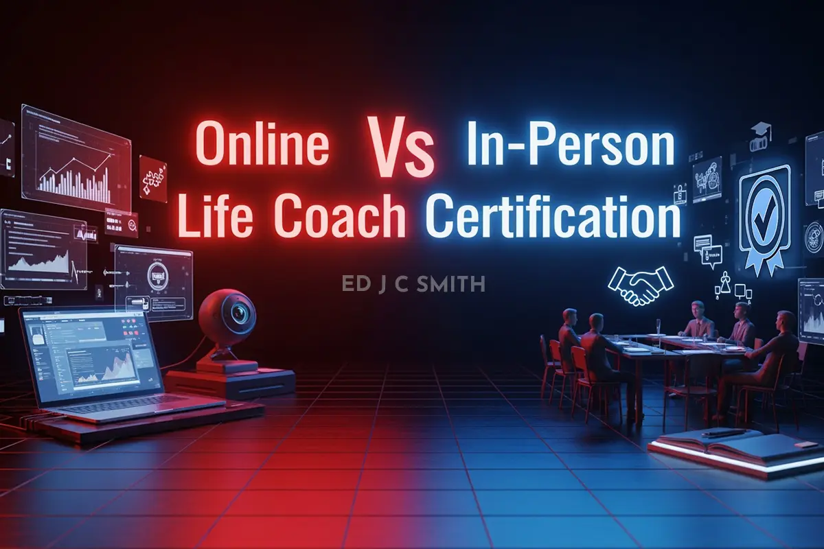 online vs in person accredited life coach certification online comparison with virtual laptop and webcam setup on the left and in person classroom training on the right