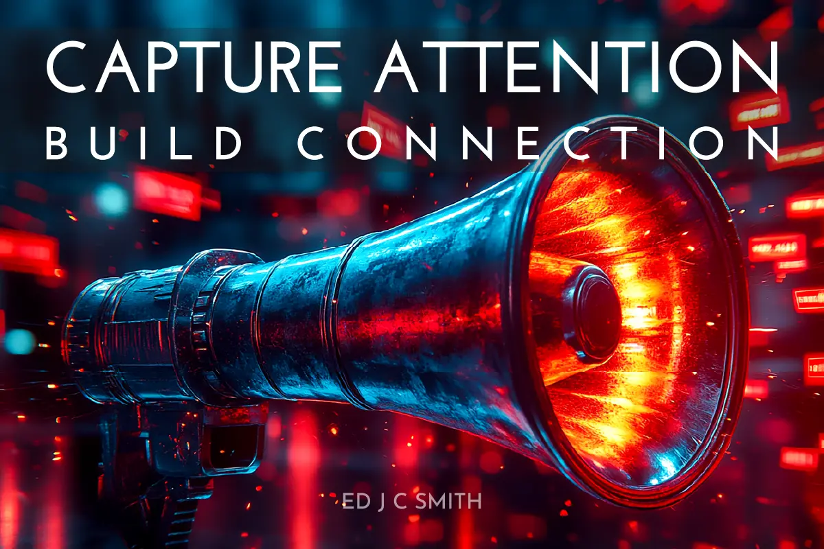 glowing megaphone emitting bright red and orange light symbolizing communication, engagement, and building human connection in a digital world