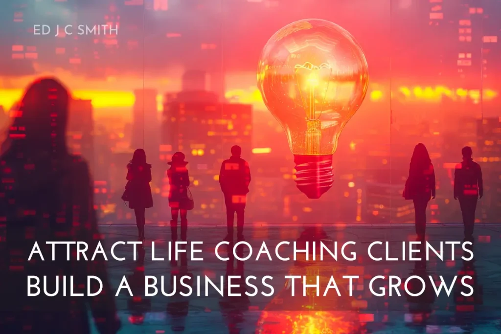 bright glowing light bulb symbolizing ideas and growth, with silhouettes of people in front of a city skyline at sunset, representing how to attract life coaching clients and build a growing business