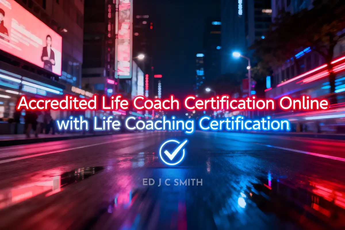 neon city street at night with glowing red and blue sign promoting an online life coaching certification program and a blue check mark icon reflected on wet pavement