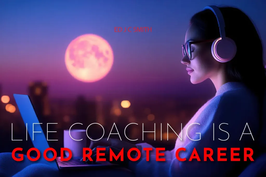 Life coach working remotely on a laptop at night, showing life coaching as a good remote career